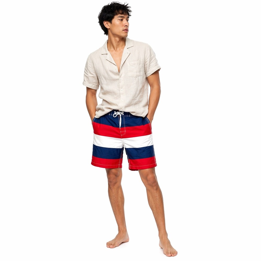 Men's Striped Swim Trunks Board Shorts Red White Blue Size M Beach‎ Resort